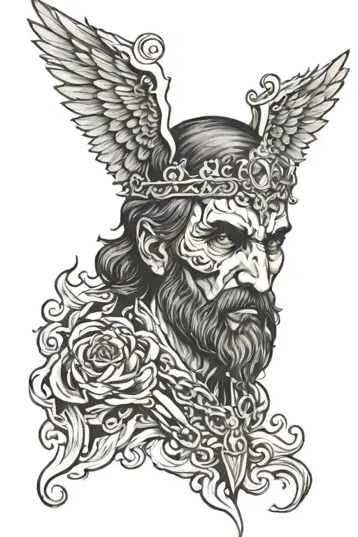 zarathos angel face,with flames and chain  tattoo design idea
