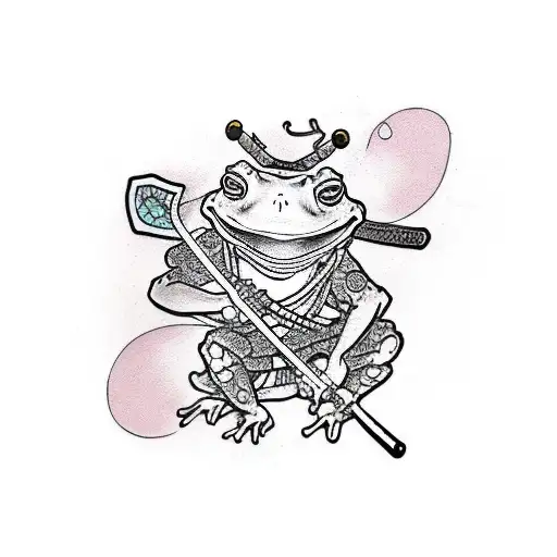 Samurai frog wielding a death scythe in a traditional Japanese garden tattoo design idea