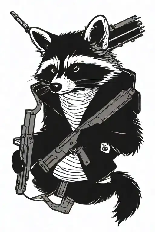 Create a blackwork tattoo sketch of a raccoon holding a gun, depicted in full body. The design should not be overly deta tattoo design idea