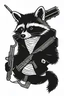 Create a blackwork tattoo sketch of a raccoon holding a gun, depicted in full body. The design should not be overly deta tattoo design idea