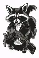 Create a blackwork tattoo sketch of a raccoon holding a gun, depicted in full body. The design should not be overly deta tattoo design idea