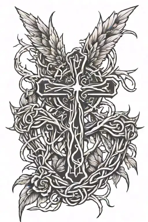 crown of thorns, cross, angels wing tattoo tattoo design idea