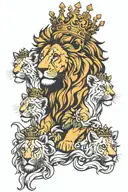 Lion wearing a crown with lioness and 5 cubs tattoo design idea