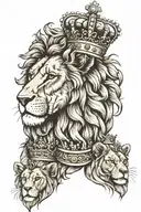 Lion wearing a crown with lioness and 5 cubs tattoo design idea