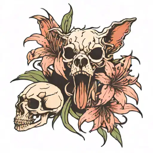 spider lilies with dog skull tattoo design idea