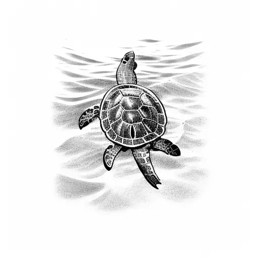 A detailed blackwork tattoo of a majestic sea turtle swimming in the ocean waves tattoo design idea