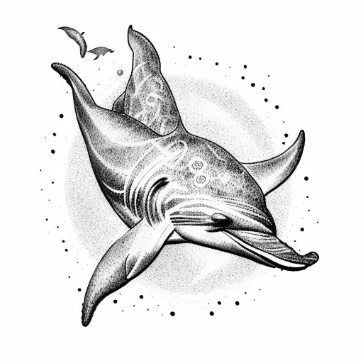 A dotwork tattoo depicting a group of playful dolphins leaping out of the water against a setting sun tattoo design idea
