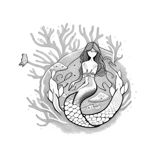 A dotwork tattoo of a graceful mermaid sitting on a rock, surrounded by colorful coral reefs and tropical fish tattoo design idea