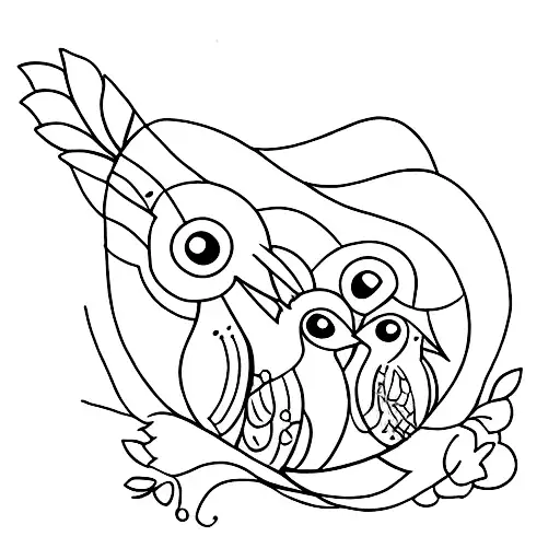 little tatto with one bird mom and 3 little birds, very minimalist and a touch of color tattoo design idea