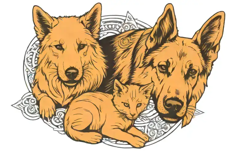 golden retriever German Shepherd and a orange cat playing tattoo design idea