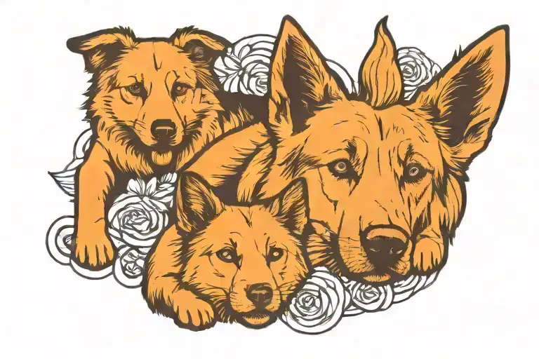 golden retriever German Shepherd and a orange cat playing tattoo design idea