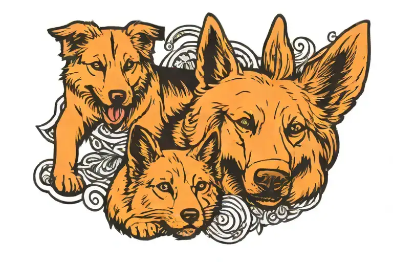 golden retriever German Shepherd and a orange cat playing tattoo design idea