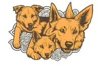 golden retriever German Shepherd and a orange cat playing tattoo design idea
