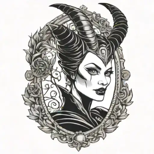 a head shot of Maleficent with an illustrative black outline in a cameo frame with thorns weaving through the frame tattoo design idea