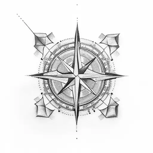 3D Compass with Alexis, Ryan & Kristie above it with needle pointing north tattoo design idea