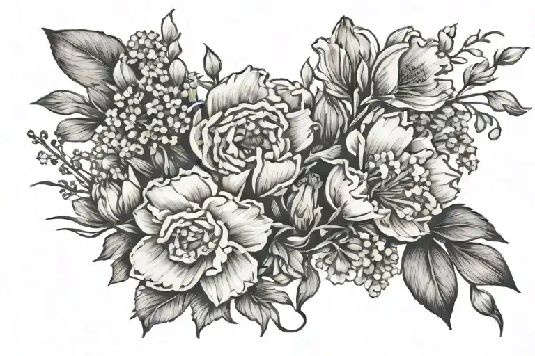 forearm tattoo of carnation, daffodil, larkspur, and poppy tattoo design idea