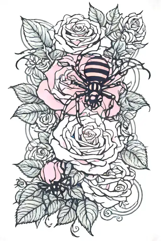 pink roses with vine wrapping with black widow spider and tiger sitting on a flower and a wizard  tattoo design idea