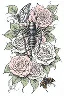 pink roses with vine wrapping with black widow spider and tiger sitting on a flower and a wizard  tattoo design idea
