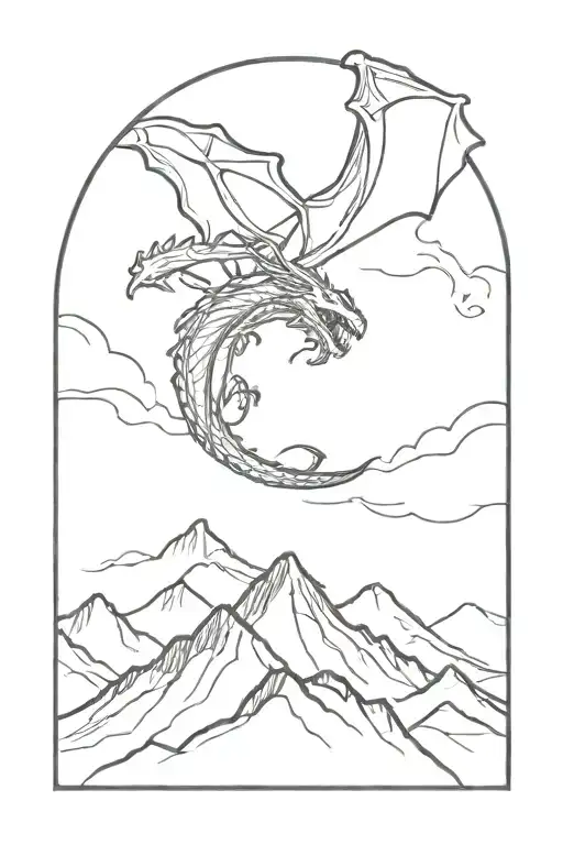 A minimalist tattoo design of a dragon flying over a mountain range tattoo design idea