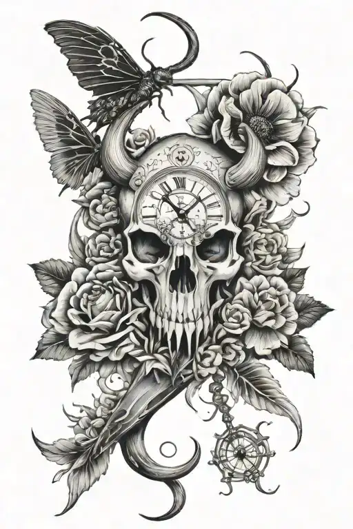 bull skull, honeycomb, scorpion, clock, flowers, jellyfish, full leg sleeve tattoo design idea