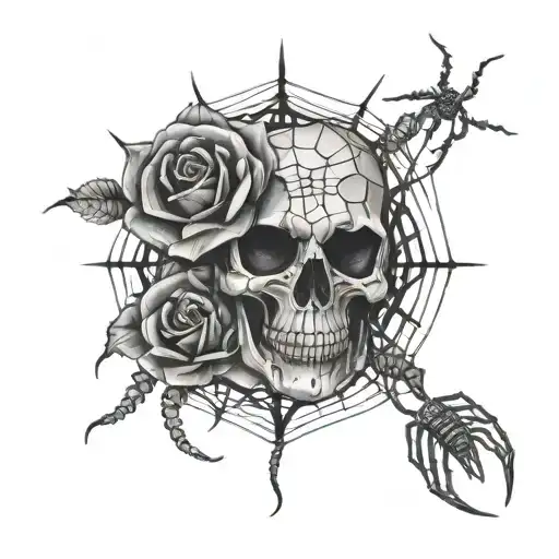 skull rose spider web intertwined tattoo design idea