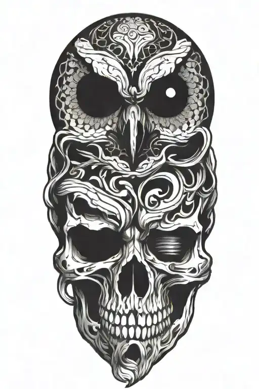 owl skull coiling snake slithering tattoo design idea