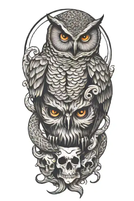 owl on skull coiling snake coiled tattoo design idea