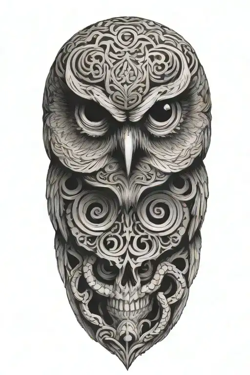 owl on skull coiling snake coiled tattoo design idea