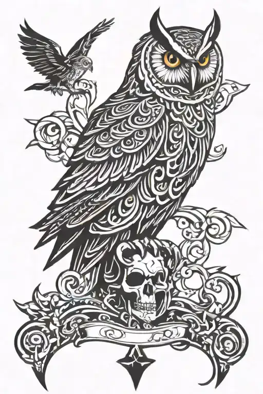 owl perched on skull and crossbones  tattoo design idea