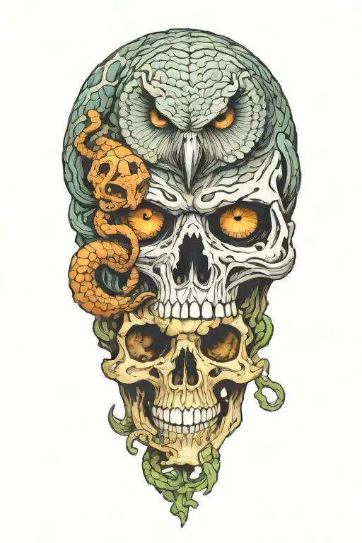 snake coiling with owl and skull   tattoo design idea