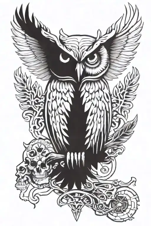 owl perched on skull skull and crossbones tattoo design idea