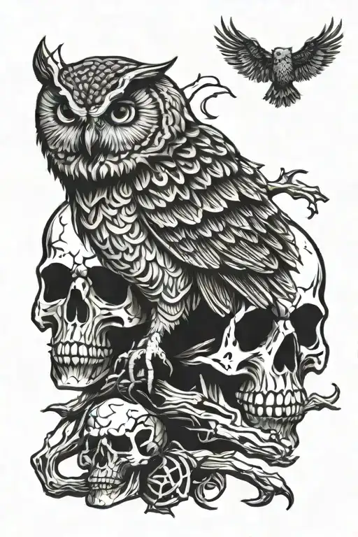 owl perched on skull skull and crossbones tattoo design idea