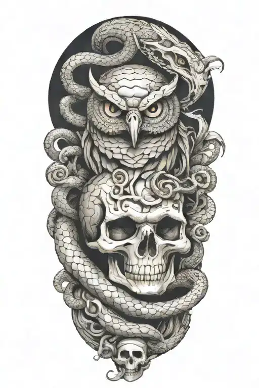 snake coiling with owl and skull   tattoo design idea