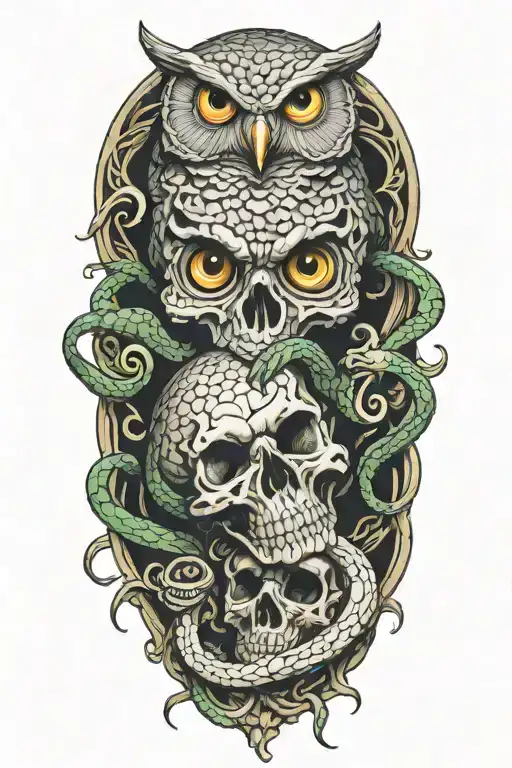 snake coiling with owl and skull   tattoo design idea