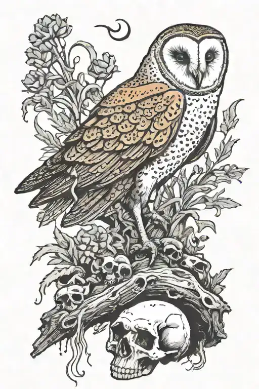 barn owl perched on skull with hidden corndog tattoo design idea