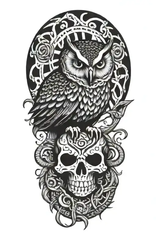 owl on skull coiling snake coiled tattoo design idea