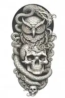 snake coiling with owl and skull   tattoo design idea