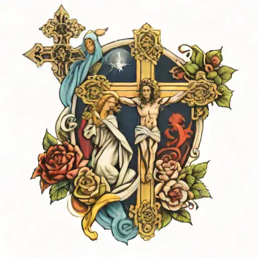 The catholic cross and sain jude beside the catholic cross and the virgin mary in the otherside tattoo design idea