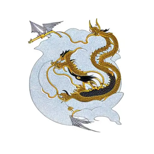 In a serene Japanese garden, a regal black and gold dragon gracefully flies above a tranquil pond, its reflection shimme tattoo design idea