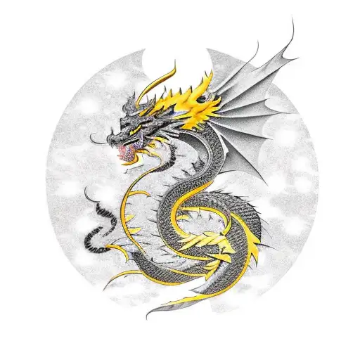 A majestic black and gold dragon, its scales shimmering in the moonlight, surrounded by delicate violet and jasmine flow tattoo design idea