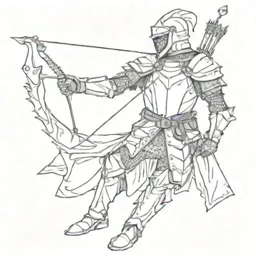 a knight in armor draws his bow above himself, the arrow flies upward creating wind in the form of strokes of paint tattoo design idea