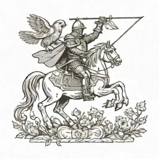 knight riding a horse holding a bow overhead chickadees owl tattoo design idea