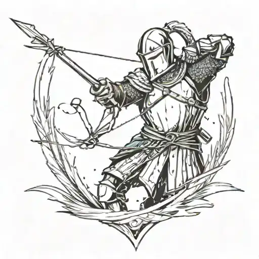 a knight in armor draws his bow above himself, the arrow flies upward creating wind in the form of strokes of paint tattoo design idea