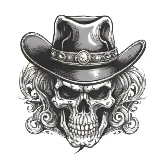 skull cowboy hat. front facing tattoo design idea