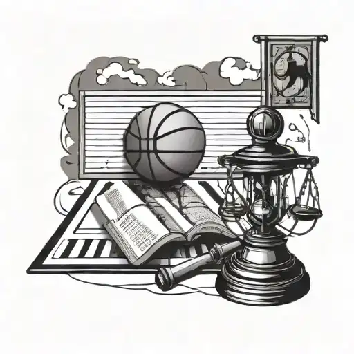 A basketball court with a gavel in the center, symbolizing the client's love for law and basketball tattoo design idea