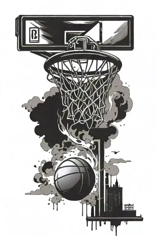 A basketball hoop with a scale of justice hanging from it, symbolizing the client's love for basketball and law tattoo design idea