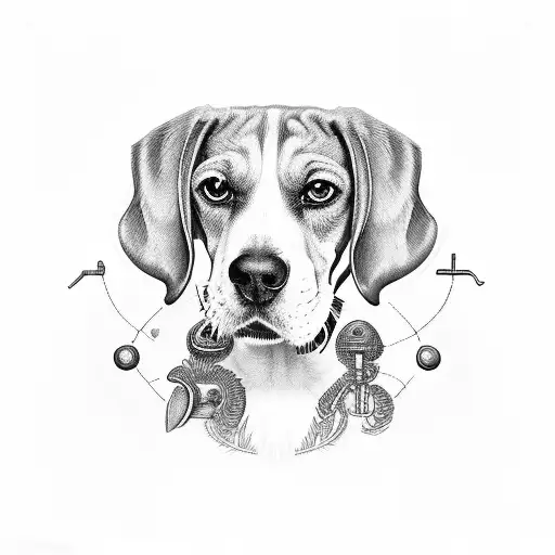 Beagle playing with pharmaceutical symbols tattoo design idea