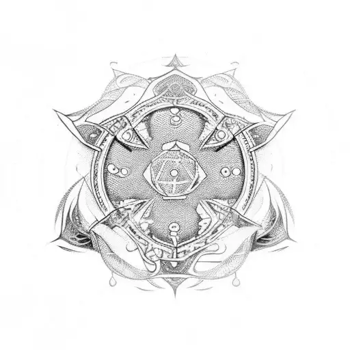 An eight ball with intricate blackwork designs inspired by Assassin's Creed tattoo design idea