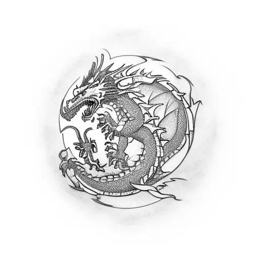 A fierce dragon emerging from a billiard table, surrounded by gaming controllers and pharmaceutical symbols. tattoo design idea