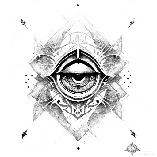 A dotwork design featuring the iconic Assassin's Creed hooded figure with an evil eye incorporated tattoo design idea